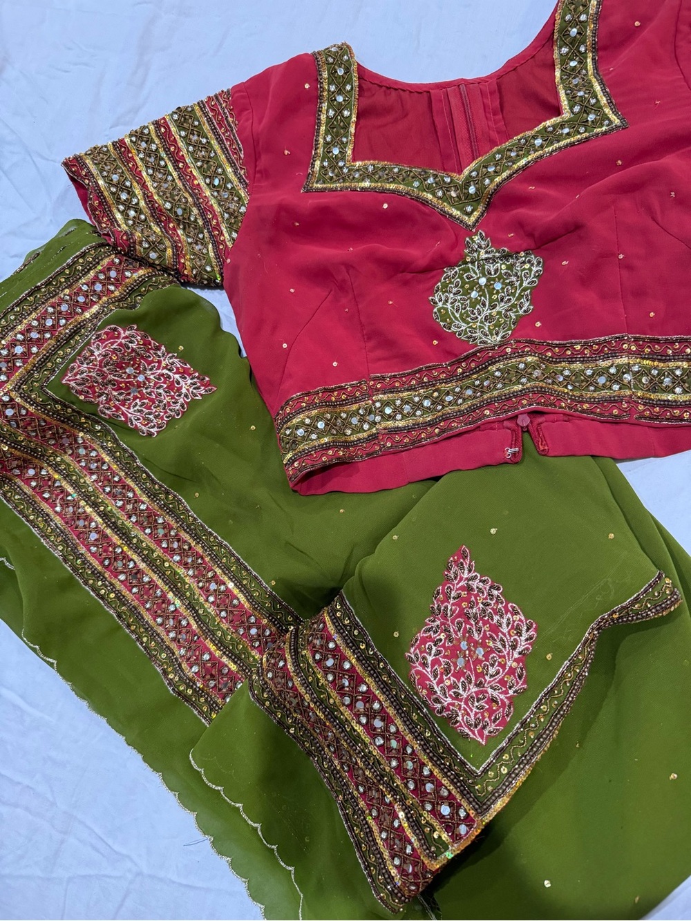 Embellished Pink and Olive Green Indian Pakistani Chiffon Sari